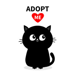 Black cat silhouette. Adopt me. Red heart. Pet adoption. Kawaii animal. Cute cartoon kitty character. Funny baby kitten. Help homeless animal Flat design. White background