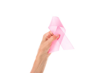 cropped shot of woman holding pink ribbon isolated on white, breast cancer awareness concept