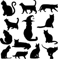Set of black cats silhouettes isolated on white background. Vect