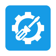 cono plano destornillador en engranaje en cuadrado azul