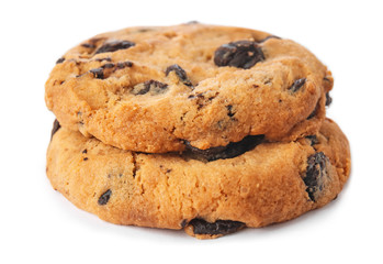 Tasty cookies with chocolate chips on white background