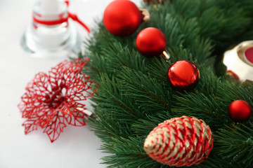 Christmas decorations on table, closeup