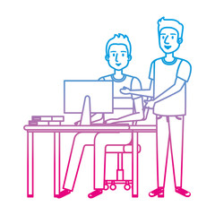 young man at desk with computer and companions