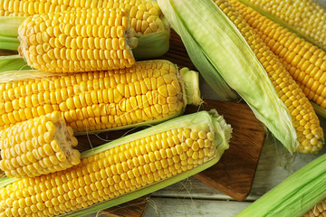 Ripe corn cobs on wooden background