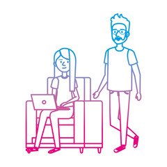 young woman at sofa with laptop and companions