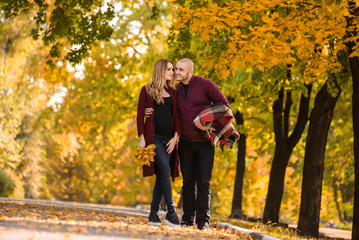 Obraz premium Happy future parents in yellow leaves park