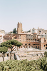 Obraz premium The architecture of Rome and the Italian style in stucco. Sights of the old town, tourist places. Street art, world heritage. Miracle of light. Carved columns and capitals