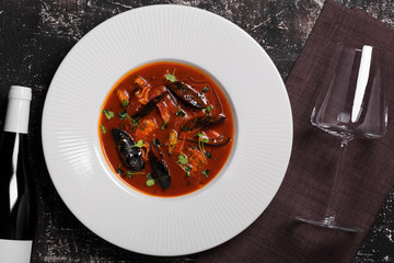 суп с морепродуктами и бутылкой белого вина © lenakorzh