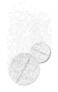 Two effervescent tablet dissolves in water, emitting bubbles. 3d illustration isolated on white.