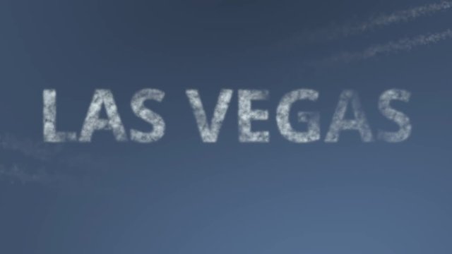 Flying airplanes reveal Las Vegas caption. Traveling to the United States conceptual intro animation