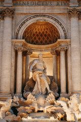 The Trevi fountain in Rome, a beautiful sight. Ancient architecture and sculpture. Art on the...