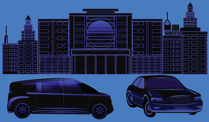 Cityscape - Cars and buildings - dark blue color - art vector illustration