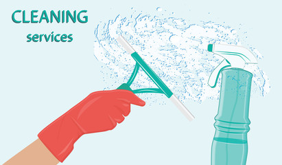 Cleaning service - soap foam, spray, hand in rubber glove, windshield wiper - art vector