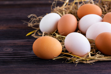 Chicken and Duck Eggs on the hay.