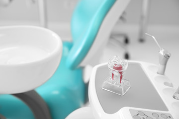 Model of plastic tooth on stand in dentist's office