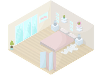 Bedroom isometric vector illustration. Interior design of bedroom with king size bed, night tables and large glass door.