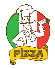 Funny italian chef with pizza. Emblem design