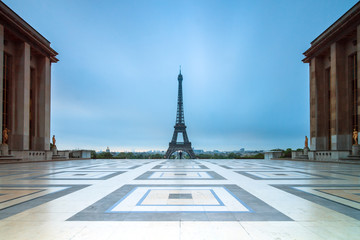 Beautiful morning view of the Eiffel tower seen from Trocadero square in spring in Paris, France
