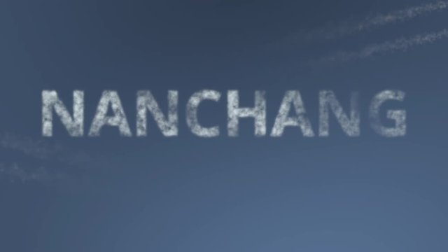 Flying airplanes reveal Nanchang caption. Traveling to China conceptual intro animation