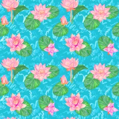 Schilderijen op glas Lotus pink flowers and leaves and curly water waves, seamless  pattern design, hand painted watercolor on bright blue background, top view © ArtoPhotoDesigno