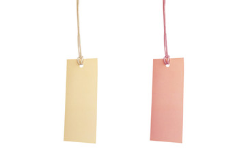 Collection brown and pink blank cardboard price tags, label notes on white background.