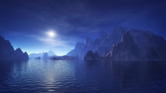 Silence night with moon over rocks loopable animation