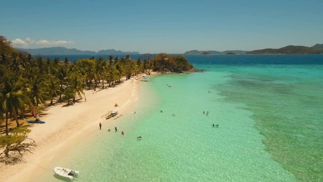 aerial footage tropical island with sand beach and palm trees in blue lagoon with coral reef. Malcapuya Palawan, Philippines. lagoon with turquoise water seascape Travel concept Aerial video