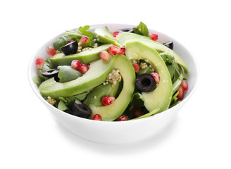 Bowl with healthy fresh salad on white background