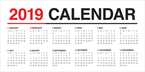 Year 2019 calendar vector design template