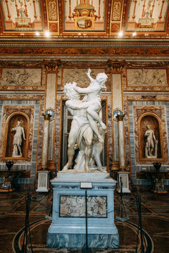 The Borghese gallery in Rome. Historical attraction, cultural heritage. Paintings and sculptures of great artists. General view and interior. Park