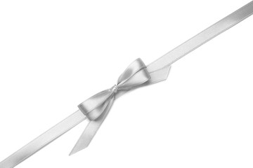 Silver ribbon with bow on white background
