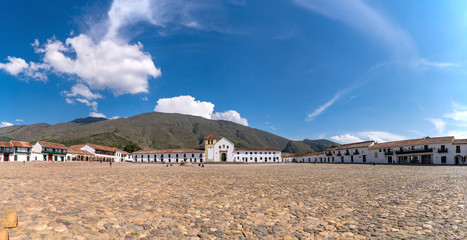 Colombia, Villa de Leyva (Plaza Mayor) is a touristic colonial town and municipality, in the Ricaurte Province, part of the Boyaca, department of Colombia. Parish church on the plaza central
