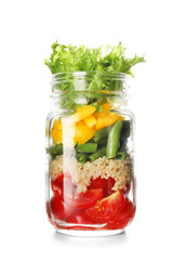 Delicious vegetable salad in mason jar on white background