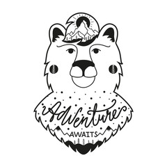 Vector illustration with bear, sun, pine forest and mountain landscape. Black and white print design with lettering quote - Adventure Awaits