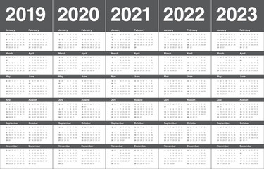 Year 2019 2020 2021 2022 2023 calendar vector design template