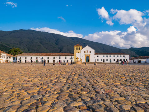 Colombia, Villa de Leyva (Plaza Mayor) is a touristic colonial town and municipality, in the Ricaurte Province, part of the Boyaca, department of Colombia. Parish church on the plaza central