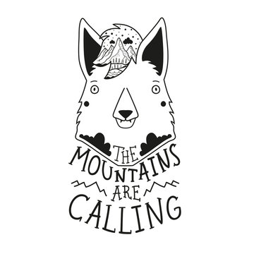 Vector illustration with wolf and nature landscape in the hair. Lettering inspirational quote - The mountains are calling