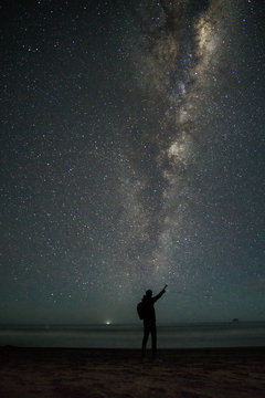 Silhouette of man in front of stars and milky way