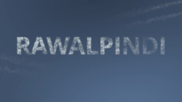 Flying airplanes reveal Rawalpindi caption. Traveling to Pakistan conceptual intro animation