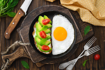 Fried Egg in pan and vegan avocado sandwiches