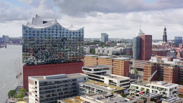 Aerial view of the port of Hamburg with Elbphilharmonie on a cloudy day