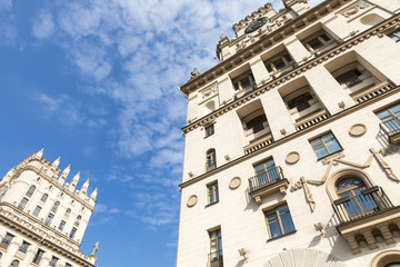 Fototapeta premium Detailed view of The Gates Of Minsk. Soviet Heritage. Famous Landmark. Station Square. Minsk. Belarus.