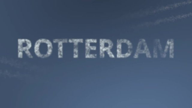 Flying airplanes reveal Rotterdam caption. Traveling to Netherlands conceptual intro animation