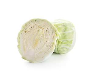 Whole and sliced cabbage on white background