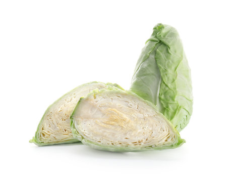 Whole and sliced cabbage on white background