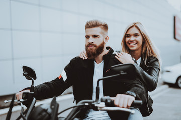 Obraz premium Man And Women Are Going For Ride. Bikers Concept.