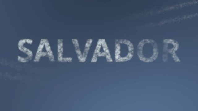 Flying airplanes reveal Salvador caption. Traveling to Brazil conceptual intro animation