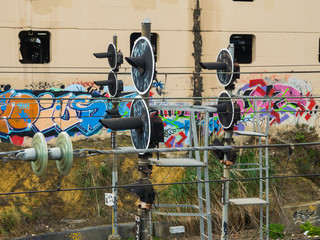 Railway signalling infrastructure on a train line in Melbourne, Australia.