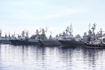 Big warships anchored at the sea