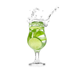 Glass of fresh mojito with splashes on white background